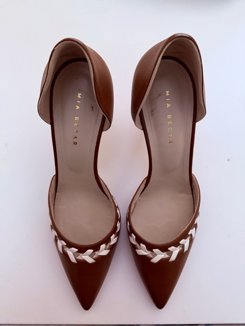 Mia Becar Brown Pointed D'Orsay Heels with White Braided Trim